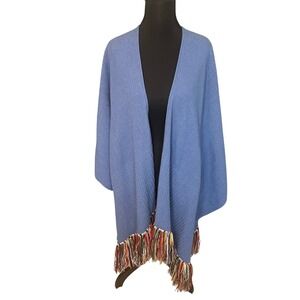 Mer Sea Womens Blue Textured Knit Fringe Wrap Poncho with Pockets One Size